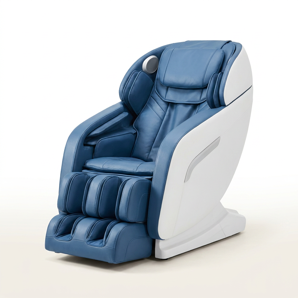 Blue Faux Leather Zero Gravity Recliner 3D Programmable Massage Chair — Studio Shot