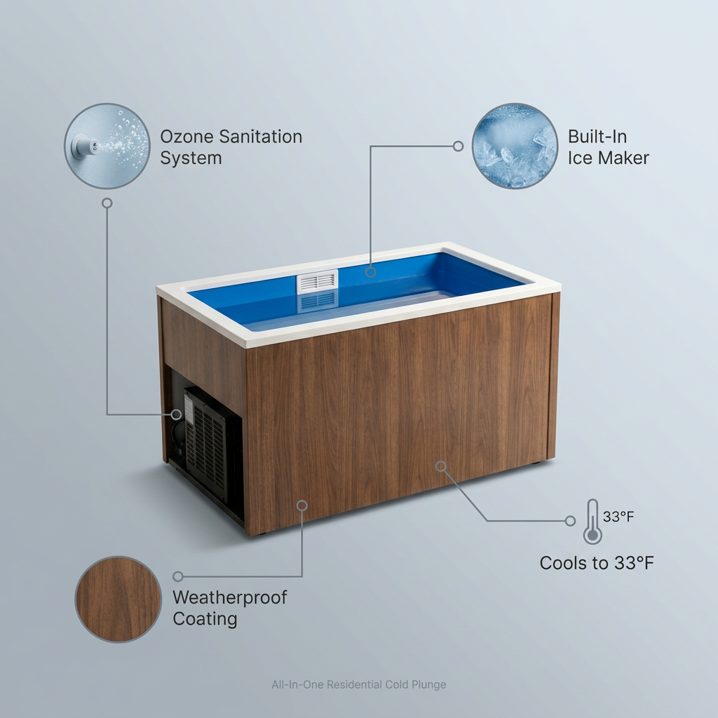 Cold Plunge Tub Built for Year-Round Recovery, Built-In Ice Maker, Ozone Sanitation, Weatherproof Coating — infographic
