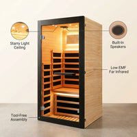 Infrared Sauna 1 Person Far Infrared Sauna Low EMF Indoor Sauna with Starry Light Ceiling Speakers Personal Dry Sauna for Home Gym Spa Fast Heating Easy Assembly 30.7X 30.7X62.2 — infographic
